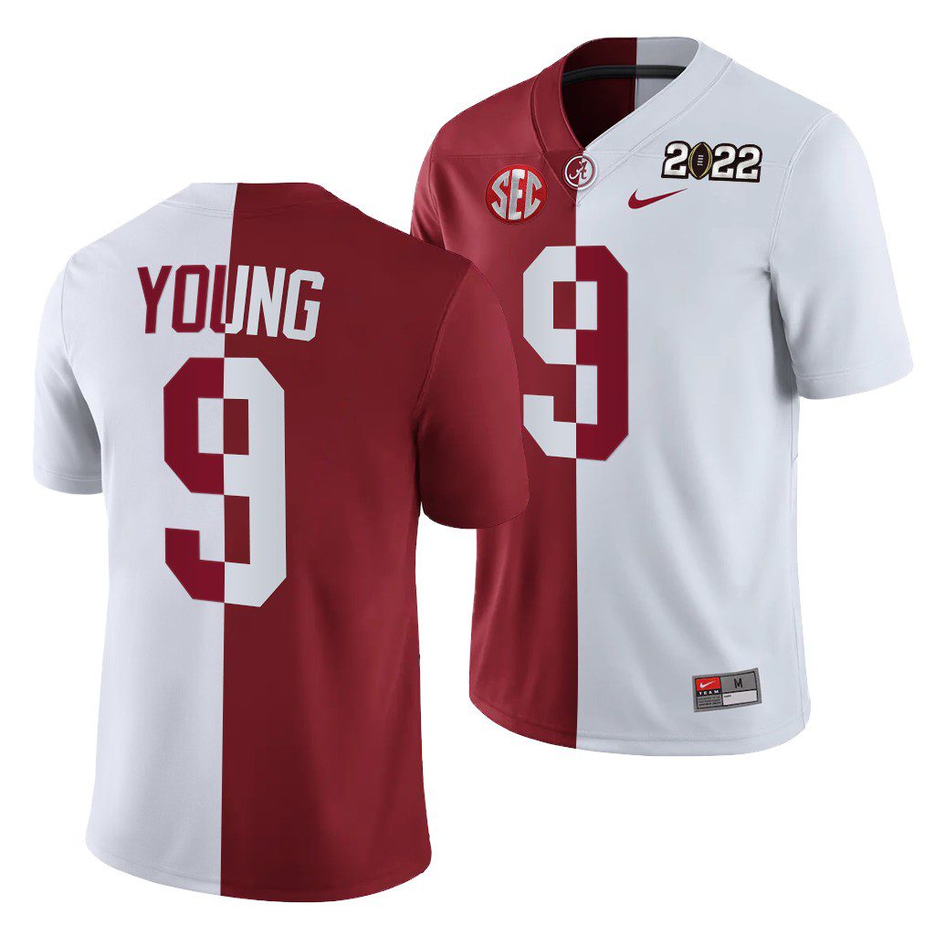 Men's Alabama Crimson Tide Bryce Young #9 Crimson 2022 National Championship Split Edition Uniform White NCAA College Football Jersey